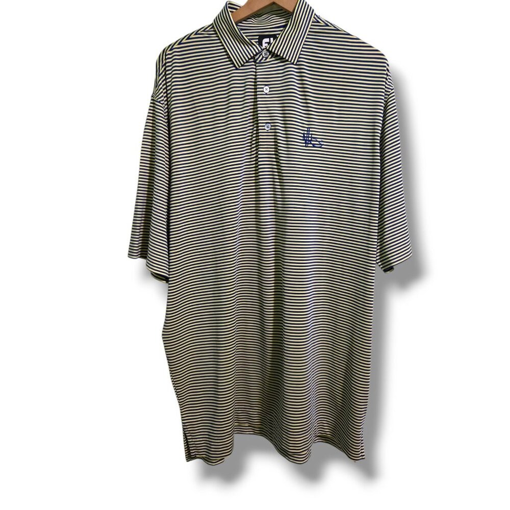 FootJoy polo shirt mens X-Large Blue/Yellow stripes short sleeves golf stretch
